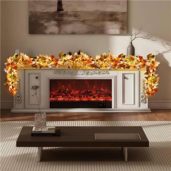 9Ft Fall Garland with Lights Plug in Fall Decorations for Home 50 White Bulbs - Picture 6 of 8